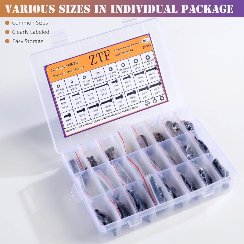 ZTF 840PCS M2 M3 M4 M5 Socket Head Cap Screws Nuts Assortment Kit with Storage Box, 12.9 Grade Alloy Steel Metric Thread Hexagon Allen Machine Bolt, DIN 912 Black Oxide Finish,4 Hex Wrenches Included - Image 4